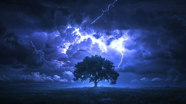 The sky erupts with lightning as a single tree stands resilient amidst a violent thunderstorm at night.