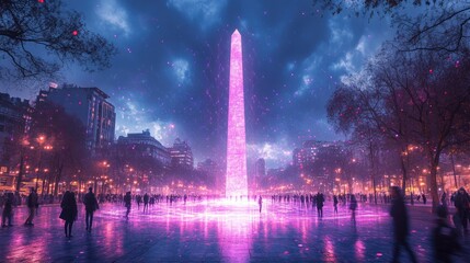 Cyber-fusion digital artwork of Buenos Aires' Obelisk, pulsating with futuristic neon circuits, symbolizing Argentina’s blend of tradition and innovation.Travel blogs, South America guides, urban phot