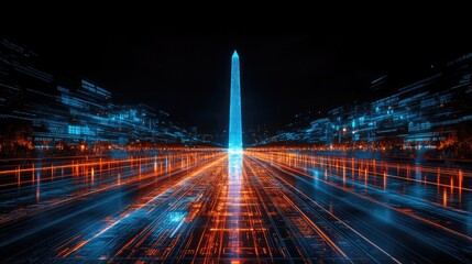 Cyber-fusion digital artwork of Buenos Aires' Obelisk, pulsating with futuristic neon circuits, symbolizing Argentina’s blend of tradition and innovation.Travel blogs, South America guides, urban phot