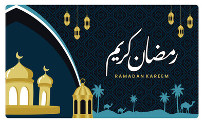Elegant Happy Ramadan Kareem greeting card with mosque and Lantern.