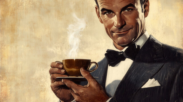 A stylized vintage painting of a well-dressed gentleman holding a steaming cup of coffee, wearing a neatly pressed suit with a bow tie, his confident smirk and slicked-back hair embodying the charm 