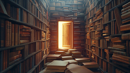 A labyrinth of ancient books leading to a shining door, representing the journey through knowledge and discovery