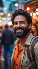 Obraz premium Happy bearded man with curly hair and casual clothes enjoying a lively evening market stroll, glowing lights and blurred crowd in background create a warm travel atmosphere