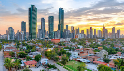 Naklejka premium Panoramic sunset view of Panama City skyline, juxtaposing modern skyscrapers with a dense residential area. Captures a vibrant blend of urban development and everyday life.