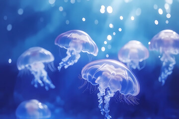 Fototapeta premium A group of jellyfish are floating in the ocean