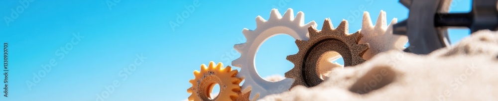 Poster minimalist industrial innovation precision metallic gears in soft sand landscape - dynamic engineeri
