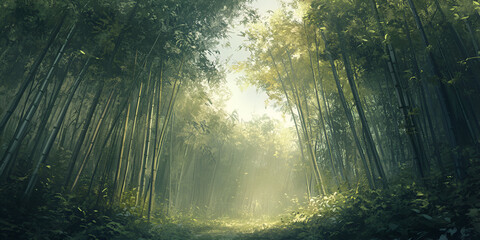Obraz premium Bamboo Forest with Soft Light Filtering Through for a Serene Nature Scene