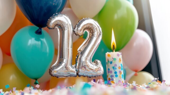 Twelfth Birthday Party  Balloons  Candle  Confetti Celebration