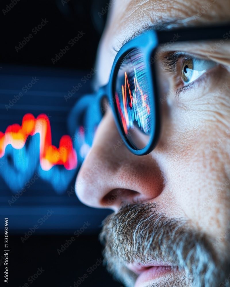 Poster Immersive Data Visualization Innovative Tech Professional Analyzing Dynamic Financial Graphs with AI-Enhanced Visual Intelligence and Strategic Market Insights