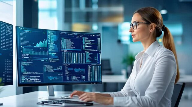 Code Maven: A focused female analyst in a modern office setting, meticulously examining data on multiple computer screens, embodying precision and technical expertise.