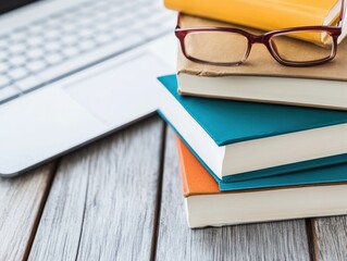 Minimalist EdTech Workspace Ergonomic Learning Hub with Color-Coded Books, Modern Glasses and Digital Productivity Tools - Hybrid Education Innovation