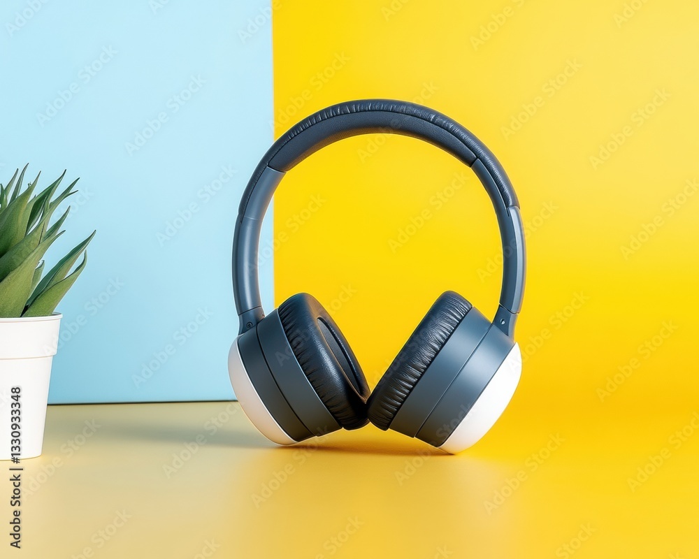 Poster minimalist wireless noise-canceling headphones modern remote work aesthetic with vibrant color block