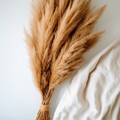 Soft Boho Minimalism Aesthetic Pampas Grass Dried Floral Bundle with Neutral Textile - Serene Home Decor and Wellness Styling Inspiration