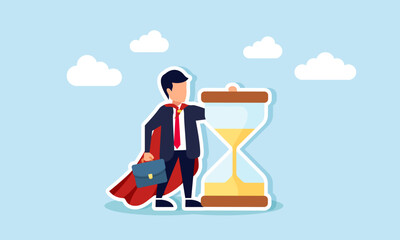 Super businessman stands holding an hourglass, illustration of a professional businessman capable of utilizing effective and efficient time management