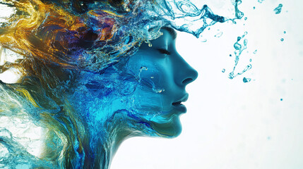 A woman’s silhouette made of water features vibrant waves flowing from her, symbolizing emotional and physical fluidity.