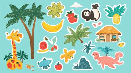 Tropical Paradise Sticker Collection Fun Jungle Animals, Fruits, and Island Elements
