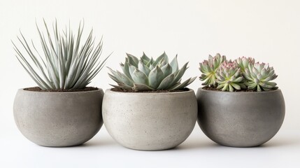 Fototapeta premium Sculptural plant series in concrete planters, graduated sizes of minimalist pots, symmetrical arrangement featuring succulent rosettes, spiky sansevieria, feathery palm fronds, round barrel cactus,