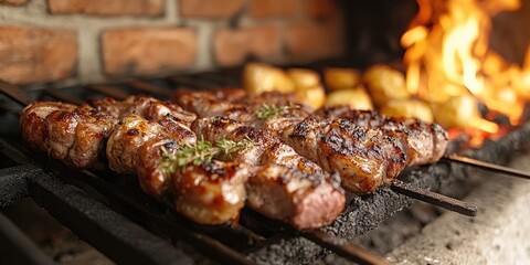 Uruguayan asado barbecue, sizzling meat.Meat grilling over an open flame, with smoke rising. Food, grilling, and barbecue themes. Ideal for food blogs, recipe sites, and cooking publications.