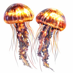 Two glowing jellyfish with long tentacles