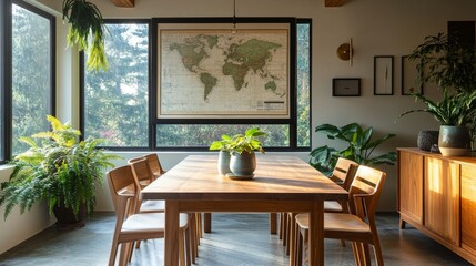 Organic modern dining space with live-edge acacia wood table, Scandinavian-style chairs, Boston ferns cascading from ceiling, prayer plants in ceramic vessels, panoramic window view, vintage