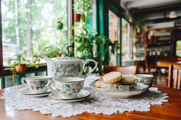 Vintage tea set on lace tablecloth in cafe with garden view