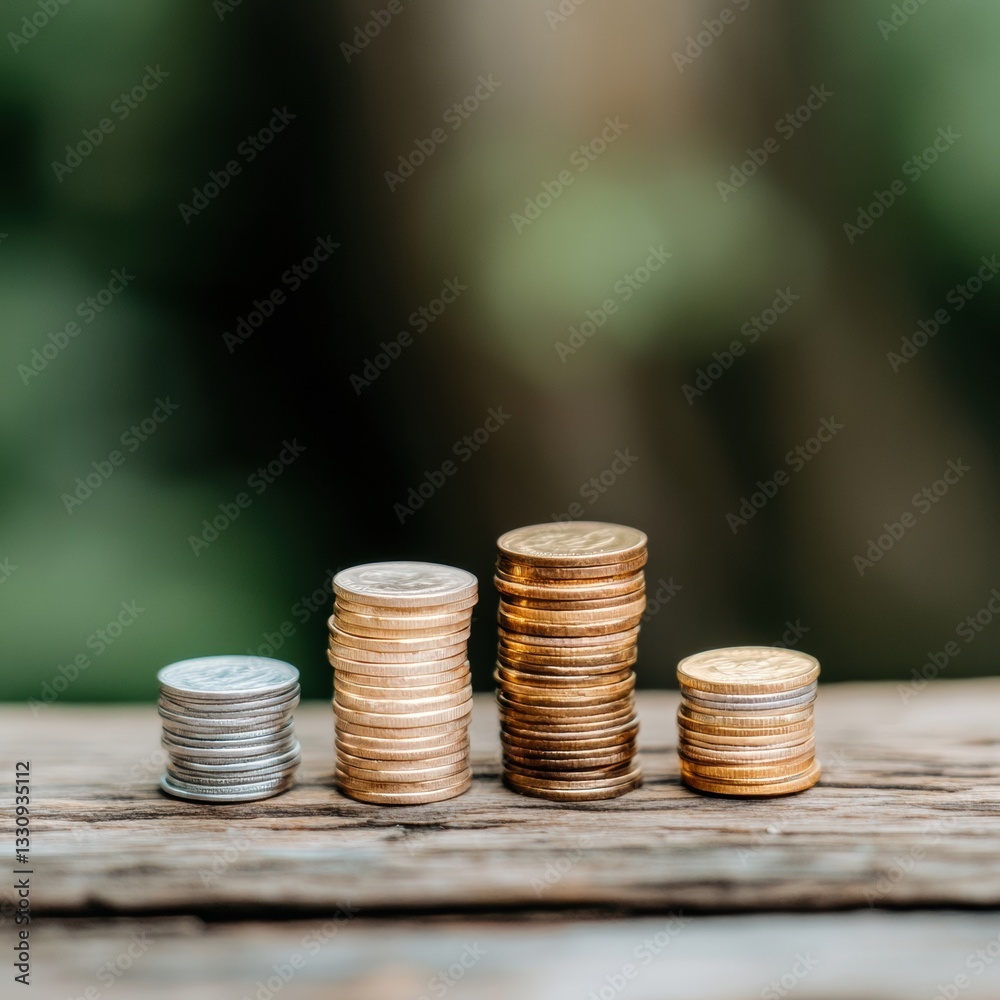 Aufkleber minimalist financial growth visualization ascending gold coin stacks on rustic wood - sustainable in