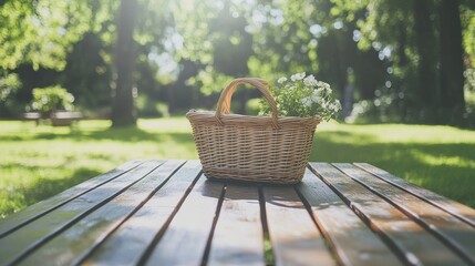 Summer Picnic Basket with Flowers on Wooden Table in a Sunny Park