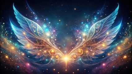 Fototapeta premium Celestial Wings A Symphony of Light and Stardust, Embracing the Cosmos with Intricate Design and Glimmering Luminescence