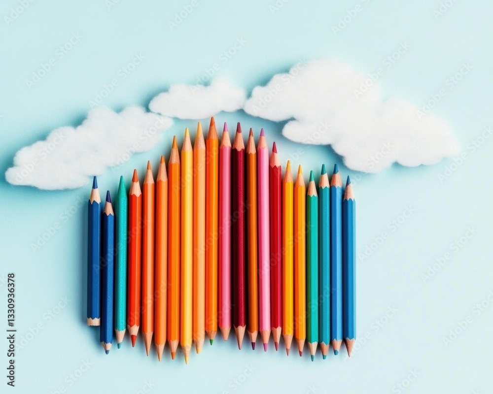 Poster creative cloud innovation vibrant multicolor pencils forming dynamic digital structure against soft 