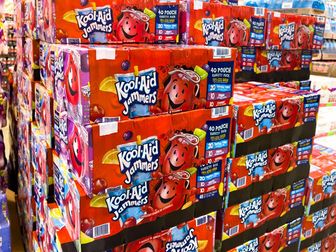 Boxes of Pouches of Kool Aid jammers assorted flavors artificially flavored drink  for sale at a local California super discount Costco Warehouse
