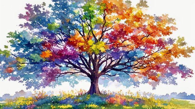 色とりどりの葉を持つ多様な木の水彩画2