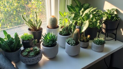 Fototapeta premium Contemporary home office corner with a sleek white desk adorned with small concrete planters containing mini cacti and jade plants, industrial-style black metal plant stands of different heights