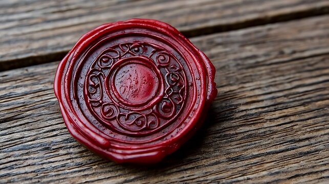 Red seal on rustic wooden table surface.