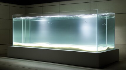 Large display aquarium showcasing ultra-clear glass construction with perfectly polished edges, sophisticated white cover containing daylight-balanced LED array, subtle underwater caustics visible