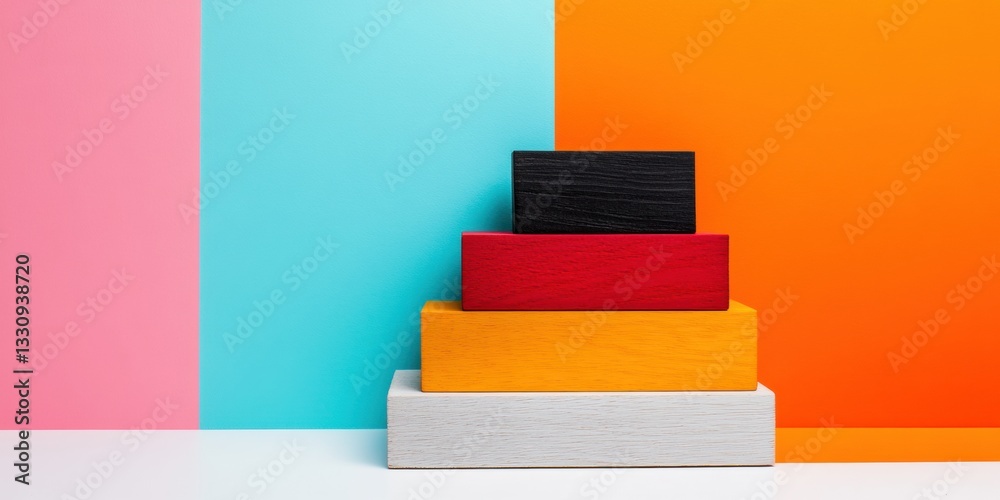 Poster minimalist corporate hierarchy visualization vibrant color block pyramid representing strategic lead