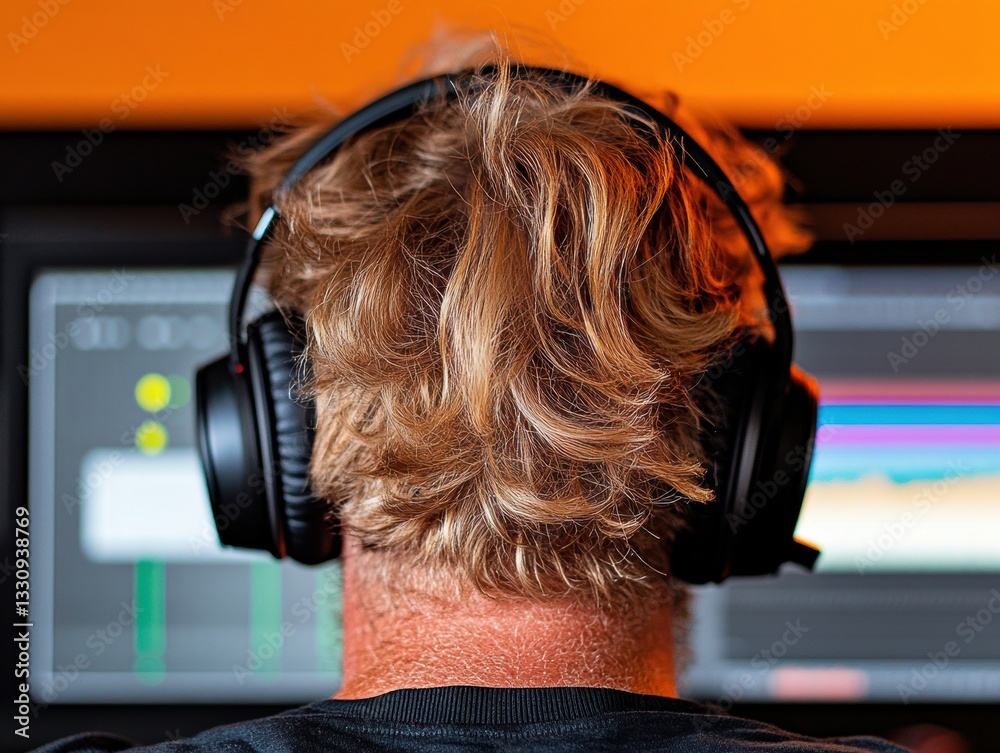 Aufkleber Immersive Digital Workflow Gen Z Creative Professional Exploring Hybrid Productivity with Professional Audio Gear and Multi-Screen Editing Environment