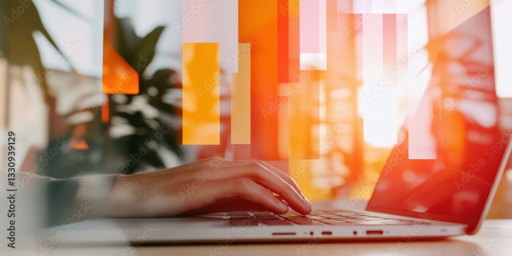 Poster innovative digital workspace minimalist laptop interface with warm gradient lighting - next-gen prof