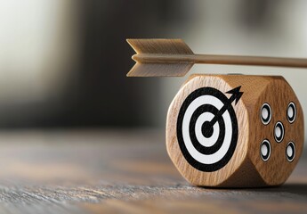 Wooden Dice with Target and Arrow: Achieving Business Goals