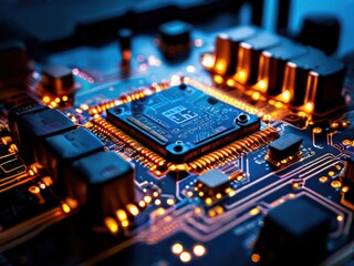 an AI Image Generator, Close-Up of Electronic Microchip on Circuit Board