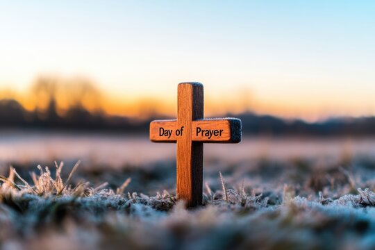 Serene Spiritual Minimalism Rustic Wooden Cross at Frosty Sunrise - National Day of Prayer Wellness Inspiration for Mindful Brand Storytelling