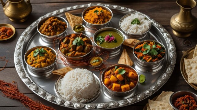 A top-down shot of a grand Rajasthani thali, served on a large silver platter with multiple small katoris filled with dal baati churma, gatte ki sabzi, ker sangri, kadhi, and spicy lahsun chutney. The