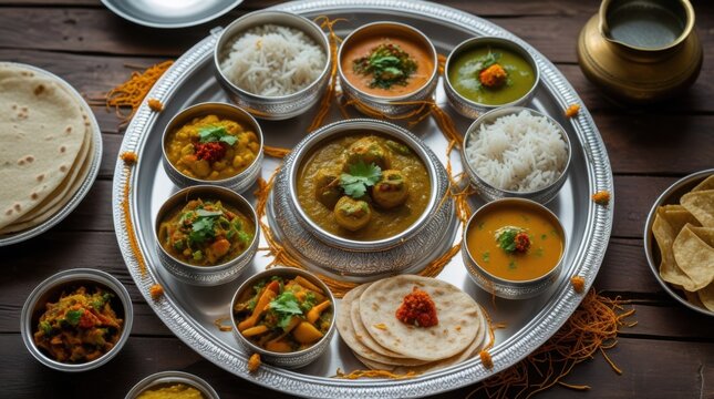 A top-down shot of a grand Rajasthani thali, served on a large silver platter with multiple small katoris filled with dal baati churma, gatte ki sabzi, ker sangri, kadhi, and spicy lahsun chutney. The