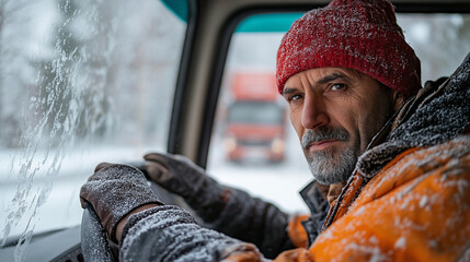 Male driver in winter hat sitting in winter in a car . Perfect for travel, adventure and survival blogs.