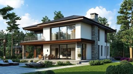 Fototapeta premium Modern two-story house with large windows and landscaped yard