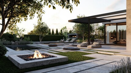 Obraz premium Modern Outdoor Living Space with Pool and Cozy Fire Pit Area