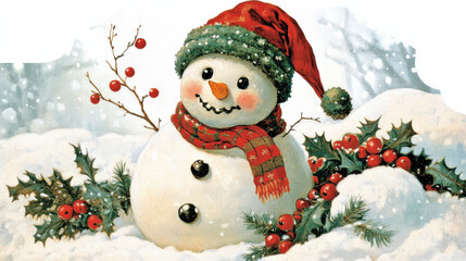 The snowman in the snow is wrapped in a red scarf