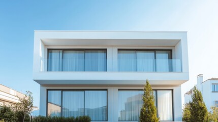 Fototapeta premium Modern Minimalist Architecture with Large Windows and Clear Sky