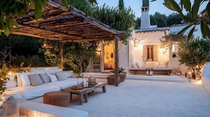 Obraz premium Cozy Outdoor Patio with Modern Furnishings and Serene Ambiance
