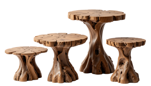 Rustic wooden designer tables with natural artistic forms PNG Image