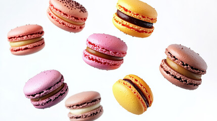 Fototapeta premium A close up of a variety of pastries, including pink, yellow, and blue macarons